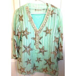 Soft Surroundings 2 pc S Mint Green Beaded V-Neck Tunic 3/4 Sleeve Matching Tank